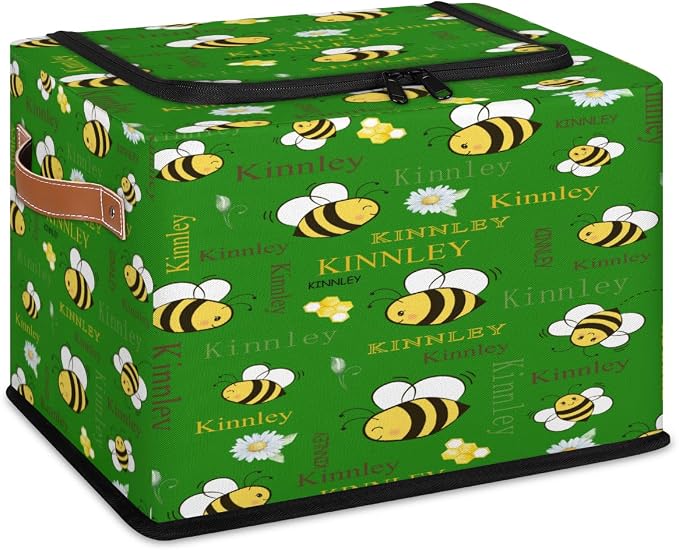 Custom Name Storage Bin with Lid Zipper, Personalized Rectangular Storage Basket with Handles for Organizing Girls Toys Office Closet Shelf Baskets, Cartoon Bee with Daisy Floral Deep Green