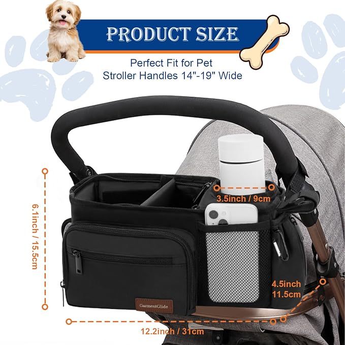 Dog Stroller Organizer Bag, Pet Stroller Caddy with Insulated Cup Holder | Fits 14–19" Handles, Treat Pocket, Poop Bag Dispenser & Multiple Pockets for Dog Stroller Accessories, Dog Mom Gift Ideas