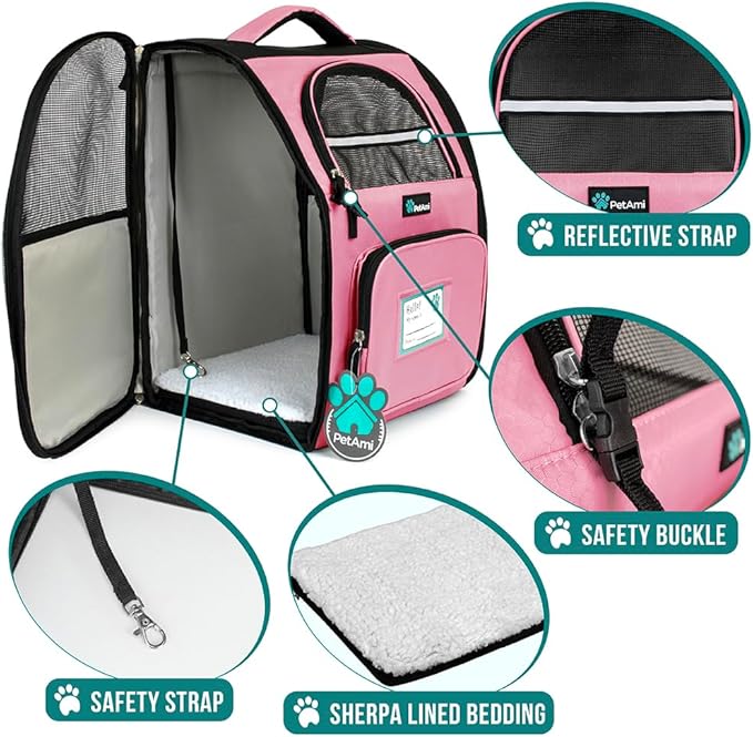 PetAmi Dog Backpack Carrier Airline Approved Cat Pet Puppy Bag, Pink | Ideal for Small Medium Large Pet up to 18 lb, 2 Side Entry Structured No-Collapse Frame, Ventilated Bookbag for Hiking Travel
