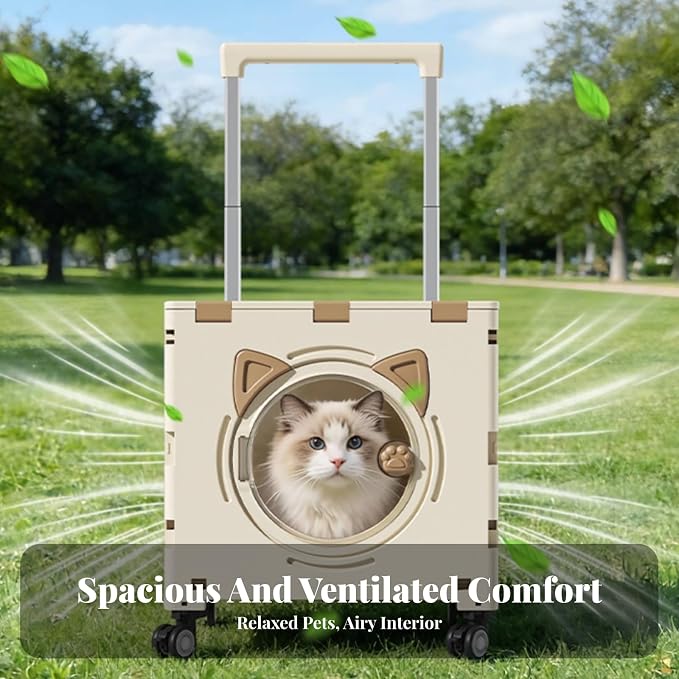Outdoor Travel Cart Foldable Pet Trolley Carrier Crate with Front Viewing Port and Secure Enclosure with Height, Array, Khaki, Eight-Wheel Climbing Model