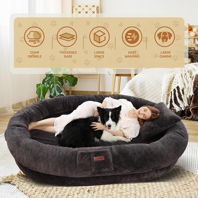 Fvkind Human Dog Bed for Adult, Dog Bed for Humans, 73"x56"x12", Dark Grey | Large Human Dog Bed with Thick Foam Support, Faux Fur Washable Cover, Cozy Human Size Dog Bed with Pillow and Blanket
