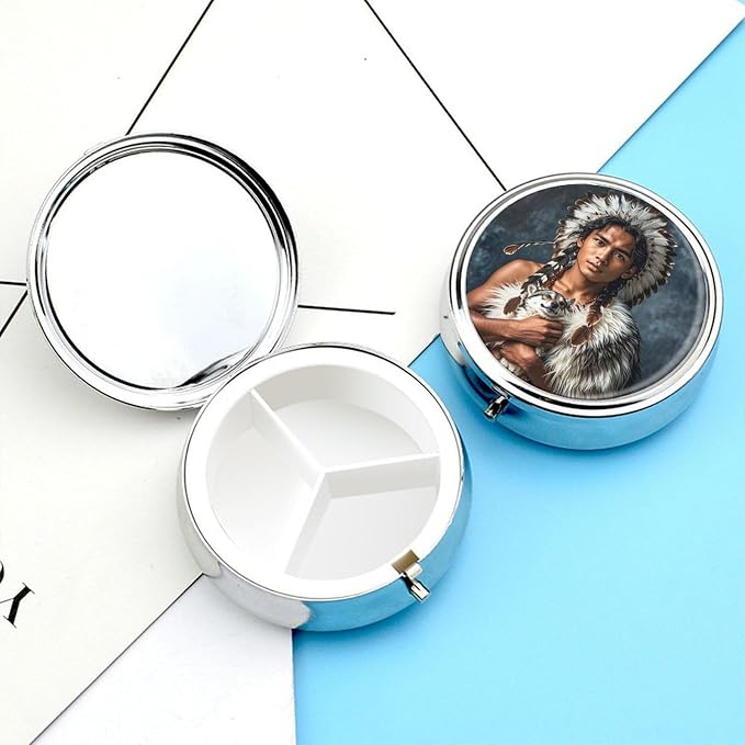 3 Compartment Medicine Pill Case, Indigenous People and Wolves Round Pill Box, Portable Decorative Medicine Organizer for Pocket Or Purse Vitamin Organize
