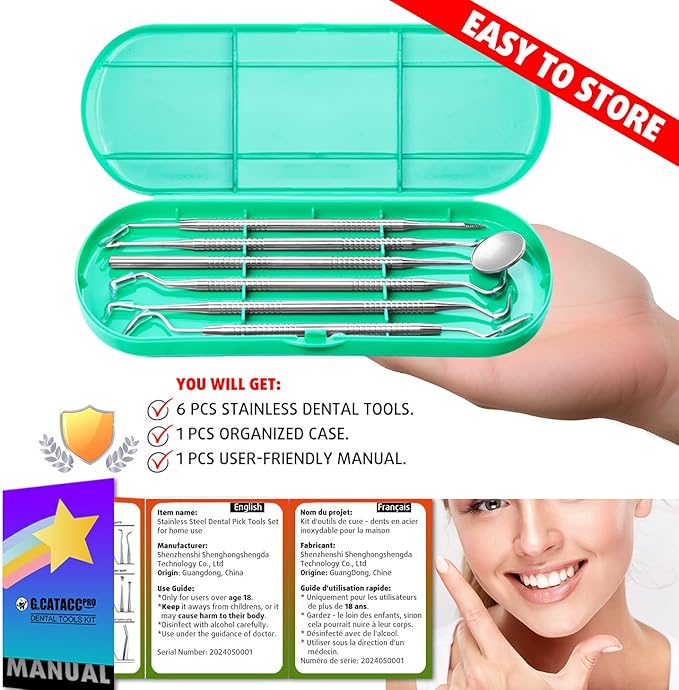 G.CATACC Dental Tools, Metal Dental Pick Teeth Cleaning Tools for Home Use, Stainless Steel Oral Care Hygiene Kit with Tooth Scraper Plaque Tartar Remover - with Case