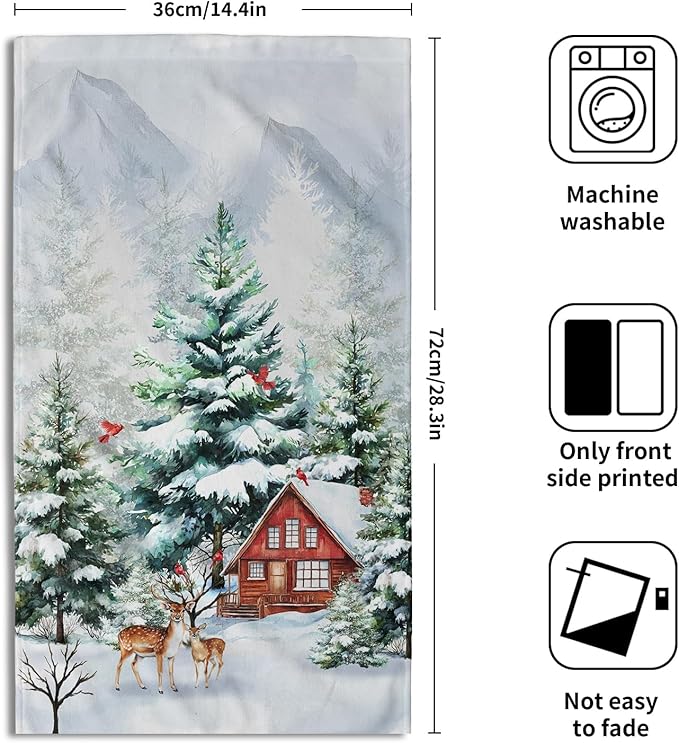 Giwawa Winter Deer Hand Towels Set of 2 Watercolor Pine Trees Red Birds Holiday Towel Xmas Elk Moose Snow Cottage Lodge Face Towel Quick Drying Dish Wash Cloth for Hotel Bathroom Gym
