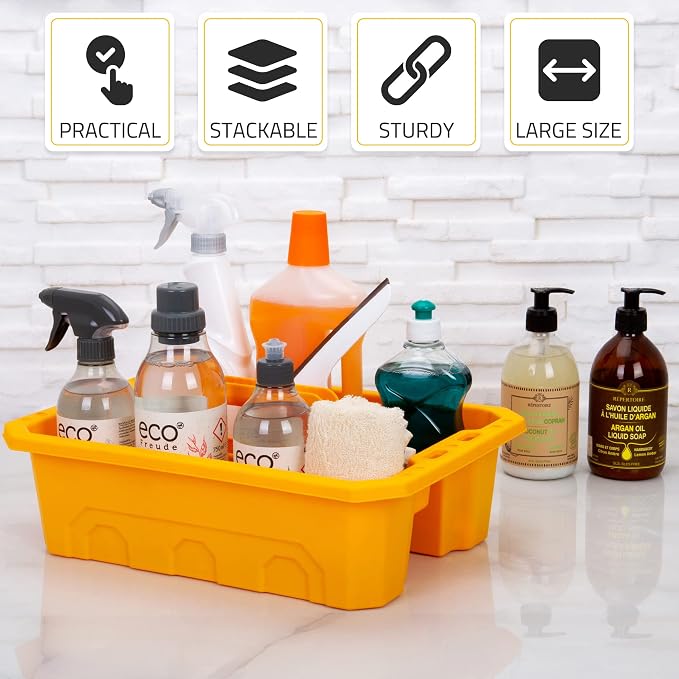 CANOPUS Storage Tray Tote with Functional Holes - 2 PCs Plastic Cleaning Caddy with Handle, Portable Caddy, Undersink Storage for Kitchen, Shoe Cleaning Box, Products Organizer, Yellow