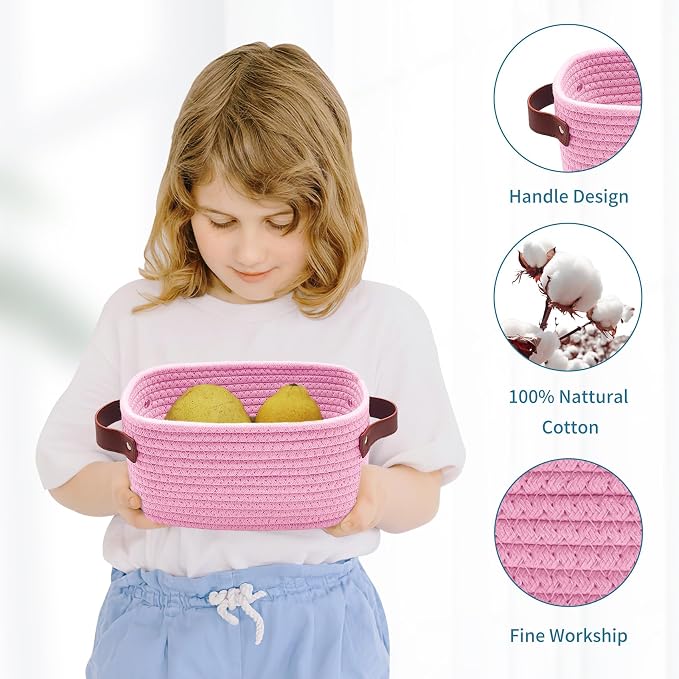ABenkle Small Storage Basket, Mini Baskets with Handle, Cute Cotton Woven Baskets for Shelves, Boho Decorative Toy Storage Bin for Nursery, Spa, Empty Gift Basket - XS, Pink