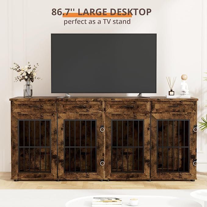 VOWNER 87" Dog Crate Furniture for 2 Dogs, Double Dog Cage Furniture, Brown | Extra Large Wooden Dog Kennel with 4 Drawer, Removable Divider, Furniture-Style TV Stand, XXL Dog Crate for Large Medium Dogs