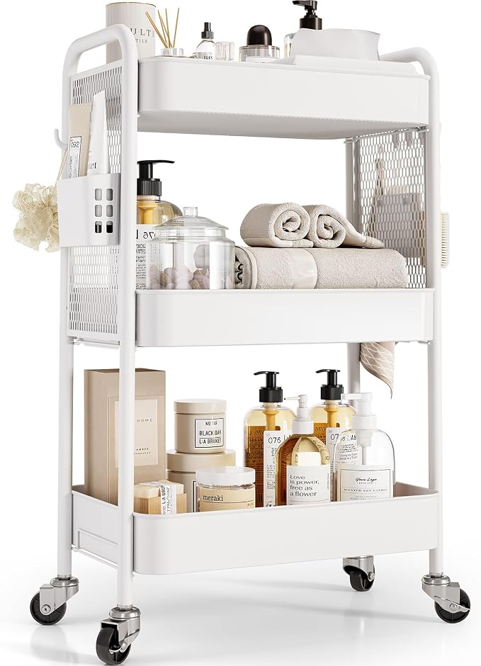 TOOLF 3 Tier Rolling Cart, Metal Utility Storage Cart with Pegboard, White | 2 Bins & 4 Hooks, Screwless Assembly, Lockable Wheels, Trolley Organizer for Bathroom, Kitchen, Office, Dorm, Craft Room