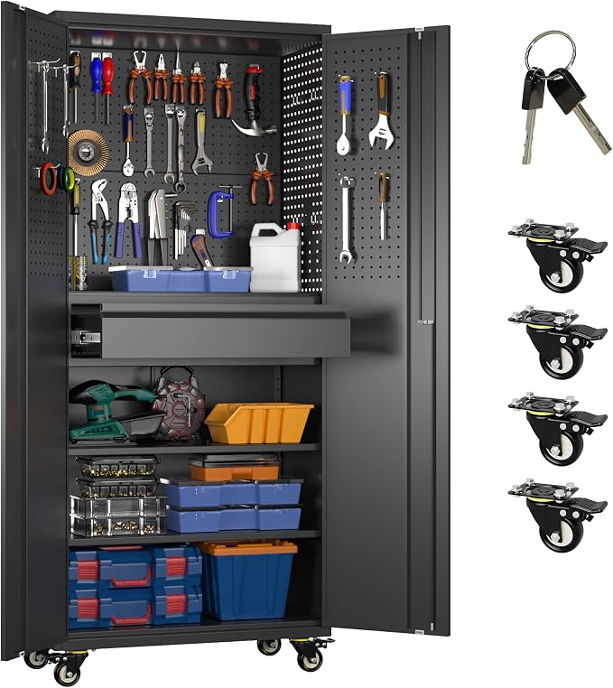 71" Rolling Metal Storage Cabinet with Lock & Pegboards, Black | 71" metal storage cabinet with 4 lockable wheels, 4 adjustable shelves, 1 drawer, and pegboards.