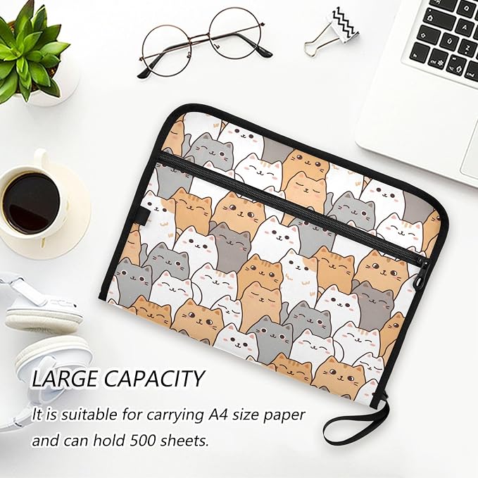 Cartoon Kitten 13 Pocket File Organizer Expanding File Folder with Front Pouch Portable Business File Storage Document Organizer Folder with Zipper