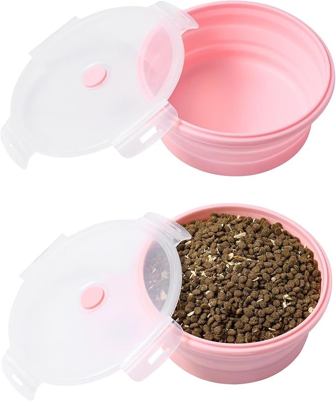 Joyinjojo Collapsible Dog Bowls with Lids, 2 Pack Portable Travel Dog Bowls for Small Medium Large Dogs, Silicone Foldable Outdoor Dog Cat Food Water Bowls for Camping Hiking Road Trip, Pink 17 oz