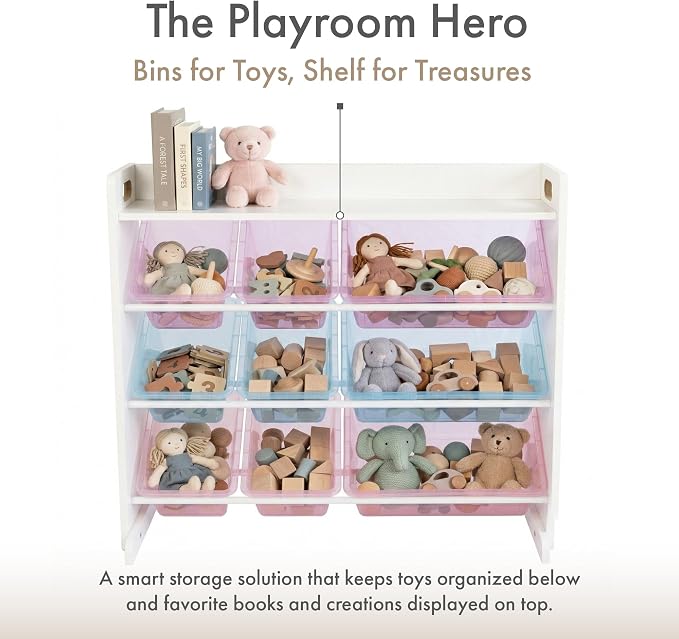 Humble Crew Kids Toy Organizer with Display Shelf, 9 Bins, 3 Tier Storage | Sturdy wood and steel toddler shelf, removable BPA-free containers, wall anchor anti-tip safety kit for bedroom or classroom