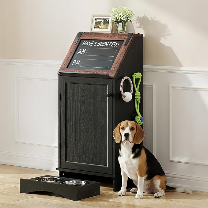 Flip-Top Dog Feeding Station, Dog Food Cabinet with Storage, Dog Food Station with Hidden Feeding Bowls, Pet Storage Cabinet, Dog Storage Organizer, Pet Food Holder, Black Oak Grain