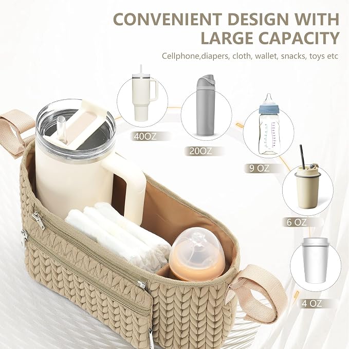 Stroller Organizer - Stylish 3D Herringbone Quilting Nylon, Universal Fit, Detachable Bag, Adjustable Multi-Storage for Baby Essentials