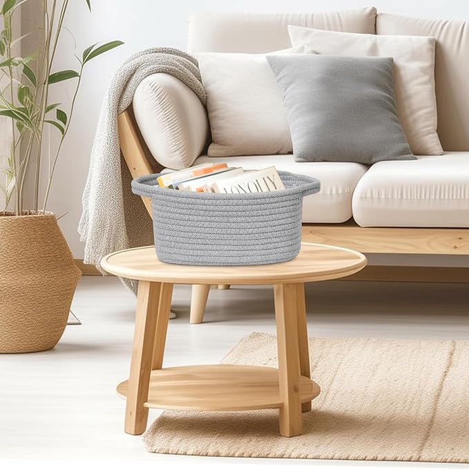 ABenkle Small Storage Basket, Mini Basket, Cute Tiny Cotton Rope Woven Basket, Boho Decorative Toy Dog Cat Basket for Nursery, Spa, Empty Gift Basket with Gift Bags and Ribbon - Grey