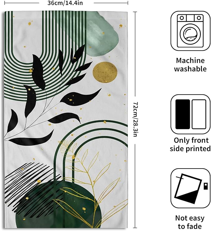 Giwawa Boho Leaf Hand Towel Set of 2 Mid Century Abstract Green Line Sun Face Fingertip Towel Quick Dry Dish Wash Cloth for Hotel Bathroom Gym Home Spa Decor