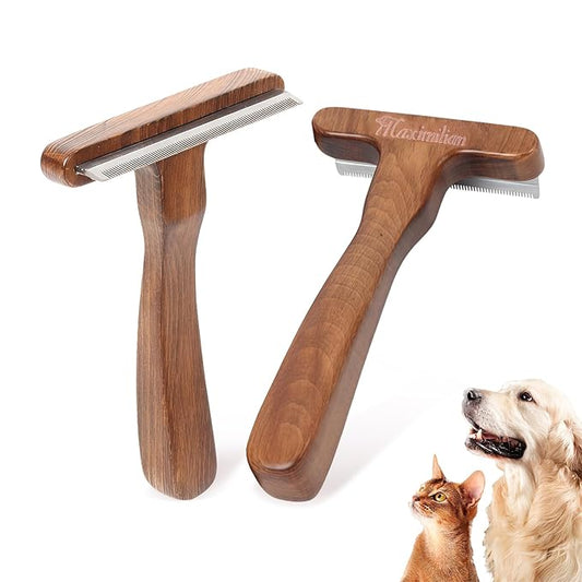 MaximiLian Medium Pet Deshedding Brush with Solid Wood Handle Deshedding Dog Brush for Shedding Pet Grooming Tool for Long&Short Haired Dogs and Cats Remove Loose Hair Mats Knots Tangles
