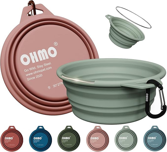 OHMO Collapsible Dog Water Bowls w/Built-in Stainless Steel Ring – 2pcs Large 27oz/800ml Portable Silicone Pet Feeding Bowl for Hiking, Camping, Travel