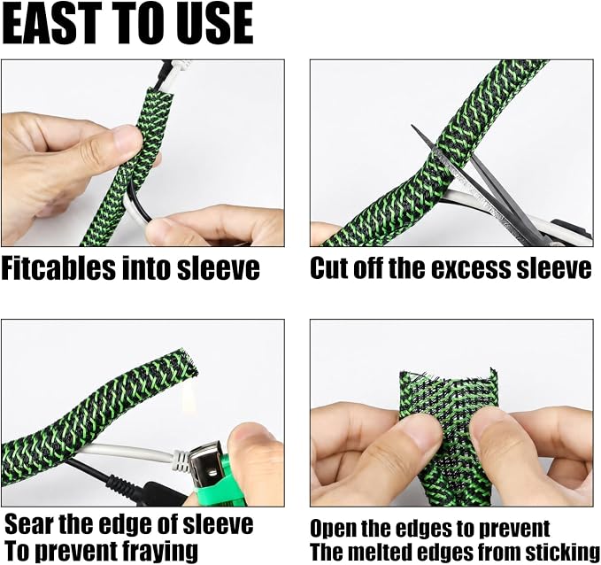 PET Braided Cable Sleeve Wire Protector Cable wrap Wire Covers for Cords Cable Sleeves Cord Management Cable Management Sleeve (25 Feet, Green Black, 19mm(3/4 inch))