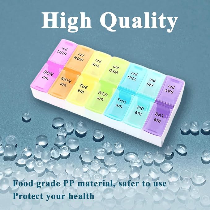 Travel Daily Large Pill Organizer, Weekly Portable Pill Dispenser | Daily Pill Case Box Holder, Elder Medication Planner for Vitamin, Medicine, Fish Oil, Supplements, 14 Compartment, Colorful