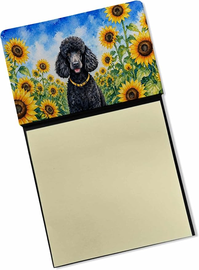 Caroline's Treasures Black Poodle in Sunflowers Watercolor Sticky Note Holder Refillable Dispenser Desk Accessory 3x3 Pad Gift