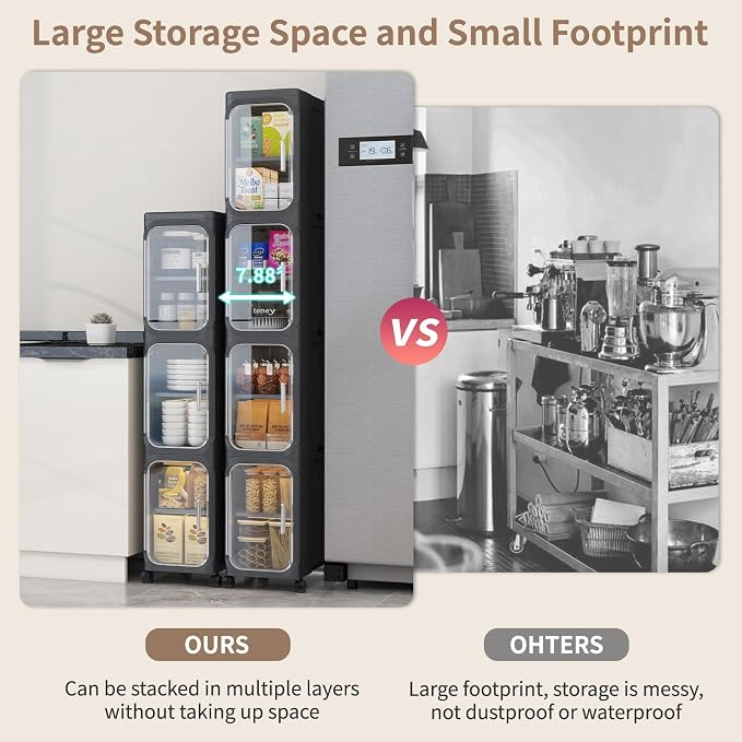 2 Tier Slim Bathroom Storage Cabinet, Foldable and Movable, Black | Tools Free, ABS and PET, Magnetic Clear Door, Adjustable Shelves, Lockable Wheels, Water Resistant, For Narrow Space