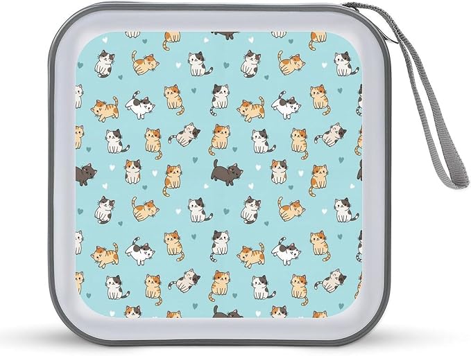 DVD Storage for 40 Movies, Cute Cat Blue Hard Plastic CD DVD Disc Cases | Disc Holder Organizer Binder, Cute Cat Blue, Portable for Travel Home Office