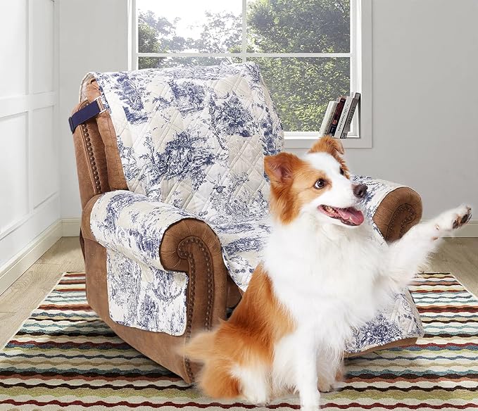 Brilliant Sunshine Blue Toile Couch Recliner Cover, Beige Ivory, 28" seat | Quilted Sofa Cover, Living Room & Bedroom Furniture Protector, Large Washable Reclining Chair Slipcover for Pets, Dogs & Cats