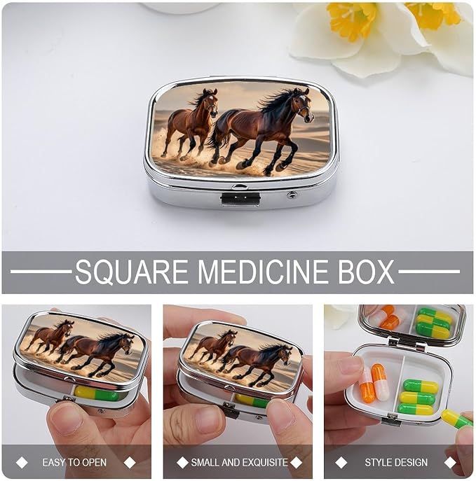Horses Running in The Sand Pill Box 2 Compartment Medicine Pill Case Portable Pill Organizer for Pocket Or Purse Decorative Metal Medicine Vitamin Organizer