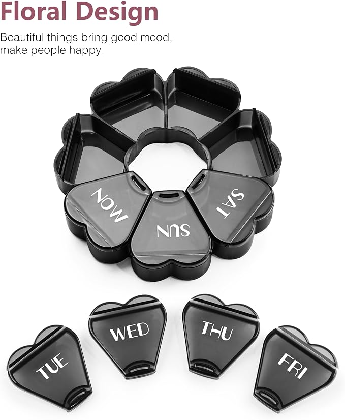 MOLN HYMY Large Pill Organizer 7 Day, Pretty Weekly Pill Box Case, Girly Medicine Dispenser Container for Vitamin, Gummy, Medication, Supplement (Black)