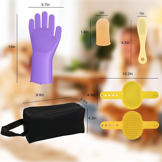 7PCS Dog Bath Brush | Pet Grooming Gloves | Storage Bag | Soothing Massage Rubber Comb with Adjustable Ring Handle | Pet Bathing For Dogs and Cats (Lavender Purple)