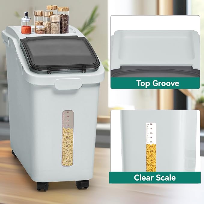 YITAHOME Ingredient Storage Bin, Large Commercial Rice Container with 11.4 Gallon Capacity, Bulk Flour Bin with Wheels, Scoop, Lid, and Scale for Kitchen,2count, Grey