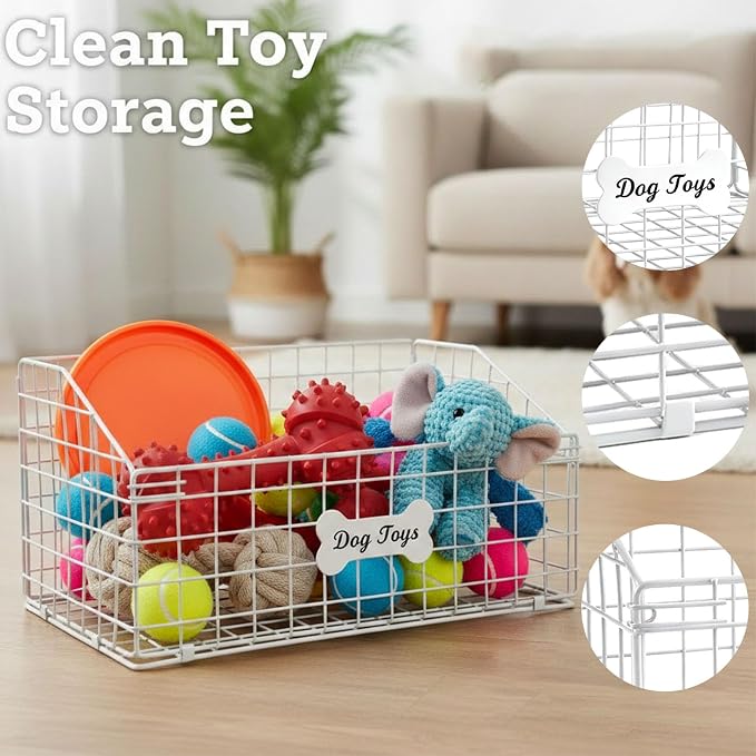 Metal Dog Toy Basket,White Pet Toy Organizer with Bone Label | Dog Toy Basket, Dog Toy Bin, Dog Toy Box