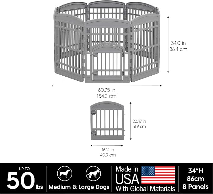 IRIS USA 8-Panel Dog Playpen, Pet Enclosure, Gray | Safe Play Zone, Configurable Layout, Custom Pen Configuration, Multi-Shape Setup, Stable Non-Tip Base, Secure Door Latch