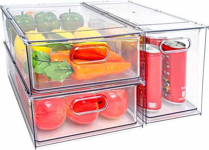 Stackable Fridge Drawer Pull-Out Bins with Handles 3 Pack Large Clear Food Container with Removable Dividers Refrigerator Storage box Divided Produce Saver for Pantry Kitchen