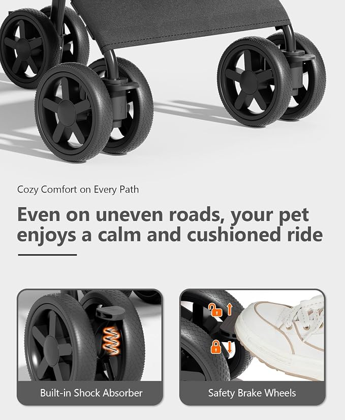 OS MOTOR 4 Wheels Pet Stroller for Small Medium Pets, Black | Foldable Carrier Jogger, Rear Wheel Breaks, Storage Basket, Visible Mesh Weather Cover, Portable, Dog, Cat, Puppy, Kitty