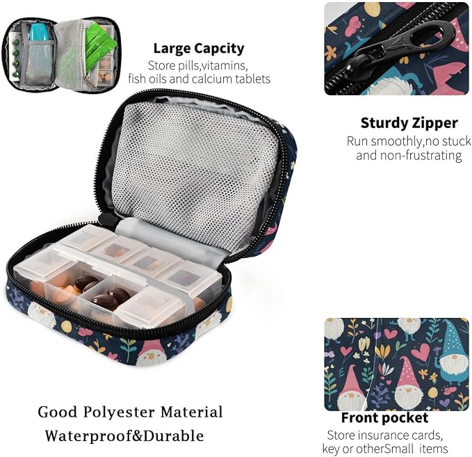 Fustylead Cute Gnome Hearts and Flowers Travel Pill Organizer Bag with Zipper Small Pill Box 7 Day Pill Case for Purse Storage Weekly Vitamin Medicine Supplement
