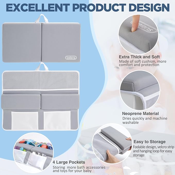 beiens Bath Kneeler and Elbow Rest Pad Set, 1.5 Inch Thick Memory Foam Mat | Quick-dry, Non-slip, 6 Suction Cups, 4 Toy Organizer Pockets, Machine Wash, Foldable Bathtub Kneeling Pad for Bathing Baby