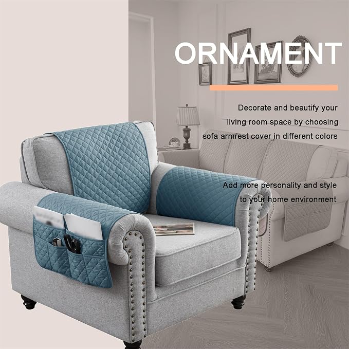 Water-Resistant Sofa Armrest and Headrest Covers with Side Pocket | Keep remotes close quilted polyester helps guard against wear, pet scratches, and kids' messes silicone backing adds grip