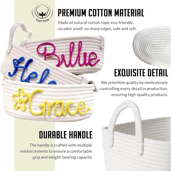 Personalized Baby Name Basket Cotton Rope Basket Diaper Caddy Custom Cotton Rope Room Shelf Storage Basket, Baby Stuff Organizer Storage Bin, Decorative Round Bin for Nursery Bedroom Bathroom(Style A)