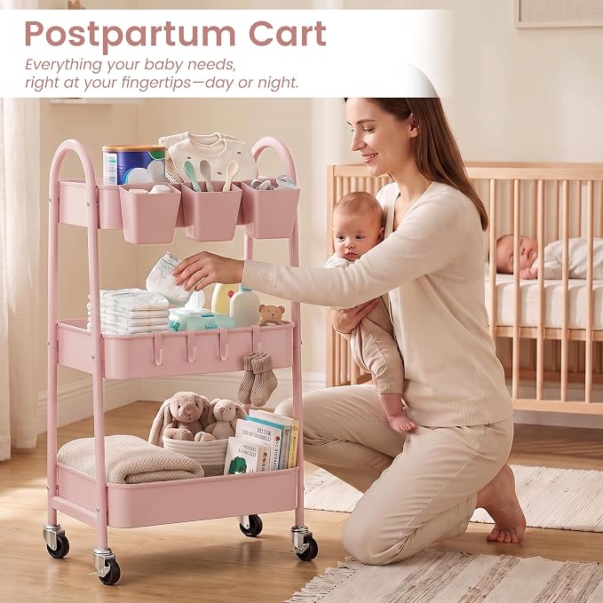 danpinera 3-Tier Rolling Cart, Utility Cart Mobile Metal Rolling Storage Cart with Lockable Wheels & Hanging Cups & Hooks for Kitchen, Bathroom, Office, Workshop, Pink
