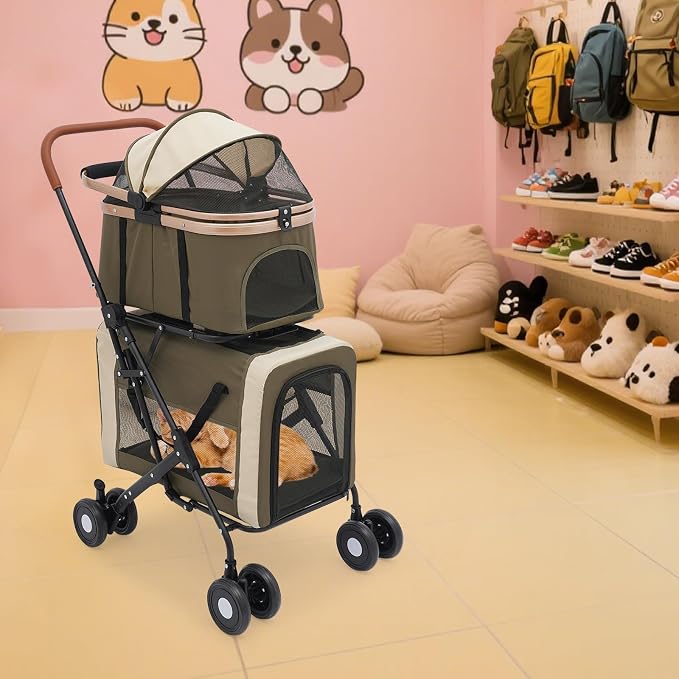 Pet Stroller, Portable Double Pet Stroller Cart with 4 Wheels, Heavy Duty Foldable Dog Cat Supplies, Multifunctional Carrying Storage Cat for Traveling with Pets, Shopping (Dark Green)