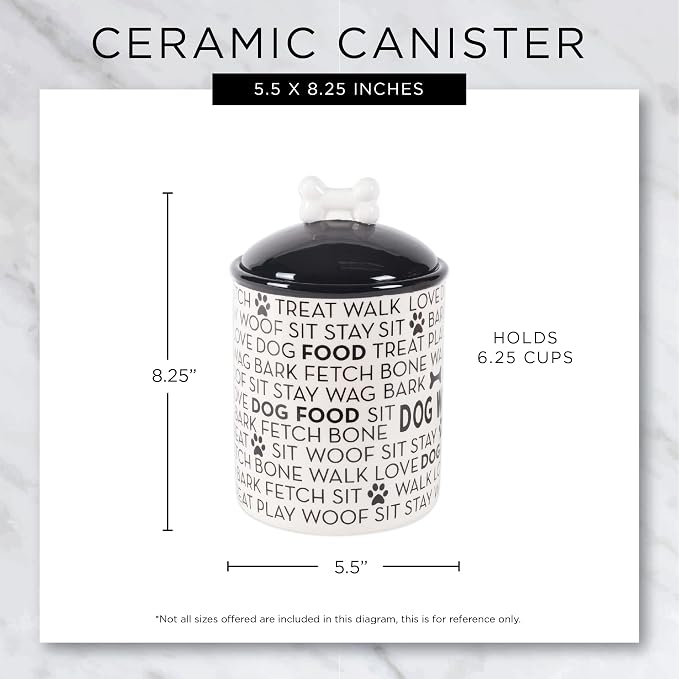 Bone Dry Dog Bone Ceramic Pet Bowl & Canister, Canister, 5.5x5.5x8.25, Black/White
