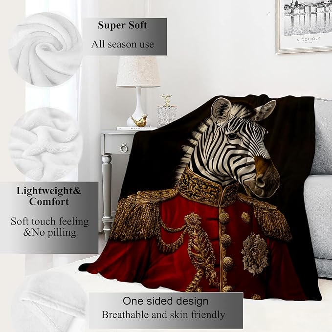 Cool Zebra Blanket Animal in Military Uniform Throw Blankets,Gifts for Adult Women Men,Lightweight Soft Fleece,Fantasy Lovers,Sofa Couch Bed Room Art Decor 50x60in