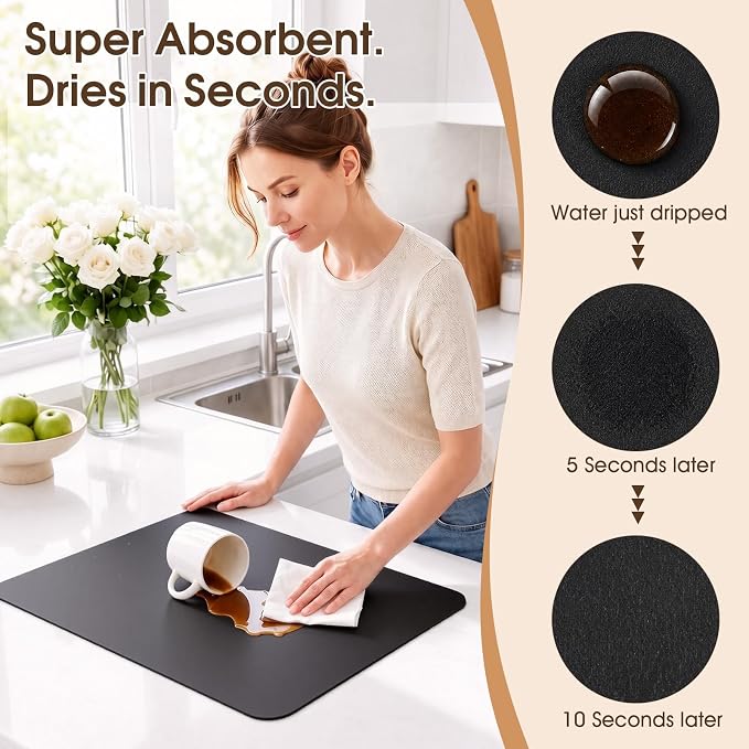 Coffee Mat Super Absorbent Dish Drying Mat Coffee Bar Mat 12"x 19", Black