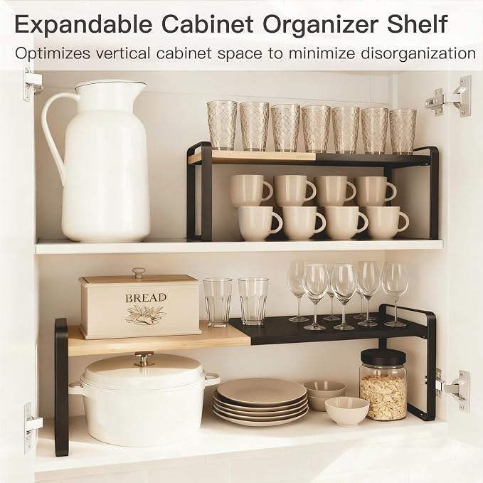 Expandable Bamboo Dish Riser Shelf Riser Stackable Black | Expandable bamboo riser creates cabinet space, while anti-slip legs provide stable support for dishes without wire racks