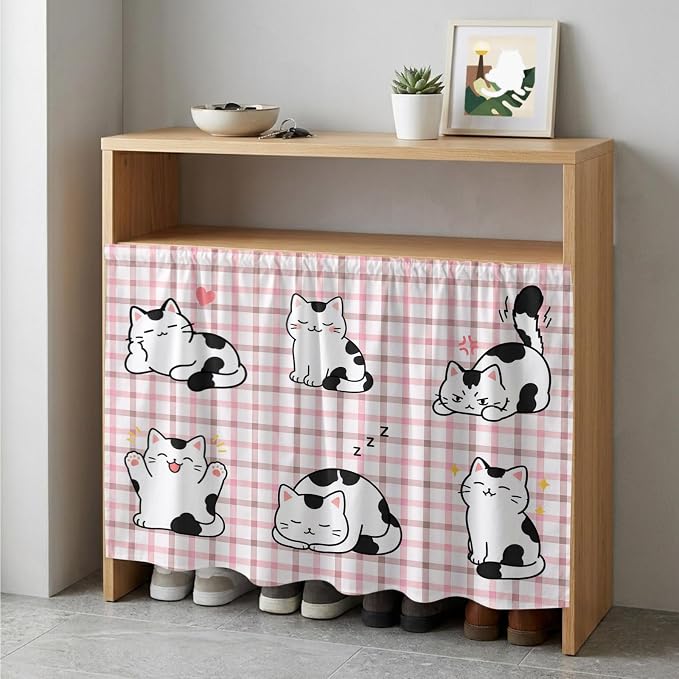 Cute Cat Cabinet Dishwasher Hidden Curtains, Privacy Closet Door Curtain, Modern Playful Pet Cats Pink Brown Plaid Adhesive Dust Proof Under Sink Skirt for Bathroom Kitchen 35"x35"