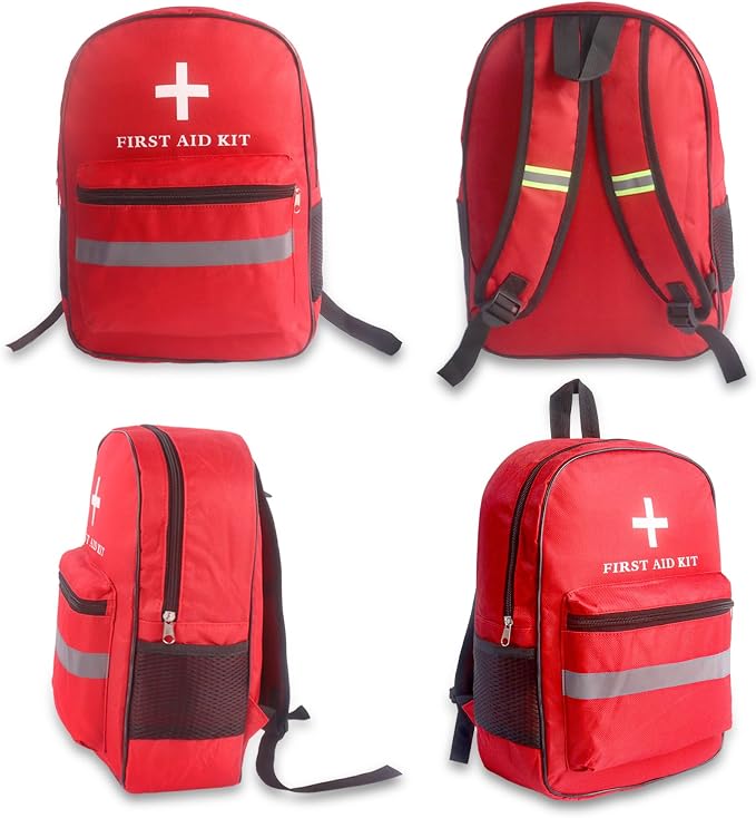 First Aid Bag Empty 4-Piece Set with Large First Aid Backpack, 2 Portable Pouches & Carry Medical Bag for Pet, Car, Travel, Camping, Emergency Supplies Storage (Red Gray)