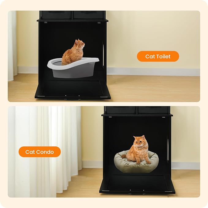 Dwanton Cat Litter Box Enclosure, 3 Storage Shelves and 2 Drawers, 61.8" H | 2-in-1 Hidden Cat Litter Box Enclosure Furniture with Shelf, Metal Frame, Reversible Entrance, Washable Drawers, Black