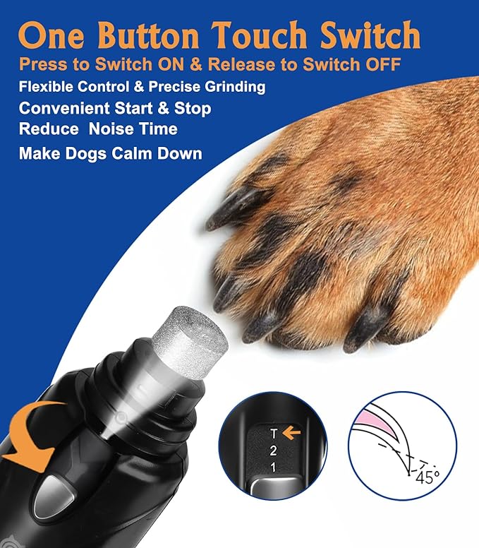 Petsaunter Dog Nail Grinder, 3 Grinding Heads, 2-Speed, LED Light, Touch-Switch, TypeC, Quiet, Low-Vibration, Dog Nail Trimmers for Large,Medium,Small Dogs & Cats with Hard/Thick Nails (U-Dark Blue)